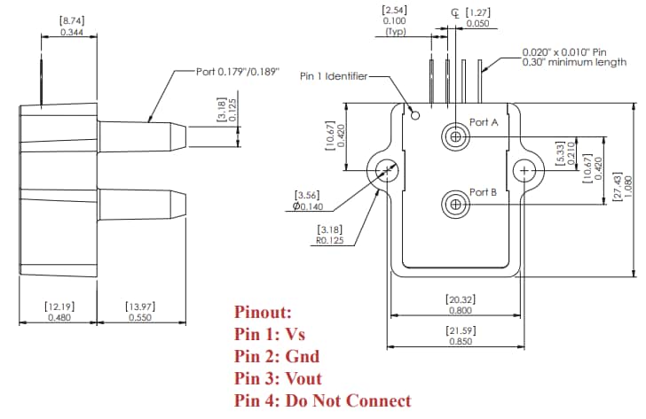 Technische Zeichnung - Amphenol All Sensors ADCA-Baureihe Verstärkte Niederdrucksensoren
